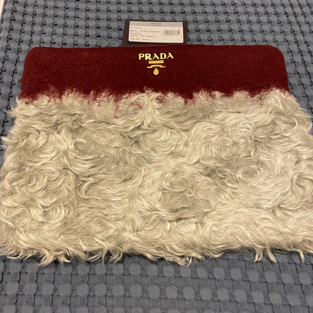 Prada Burgundy and Grey Furry Felted Wool Clutch